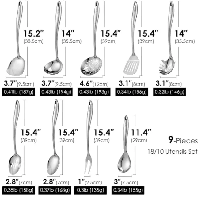 18/10 Stainless Steel Kitchen Utensils Set - 9 PCS Shining Cooking Tools - Image 3
