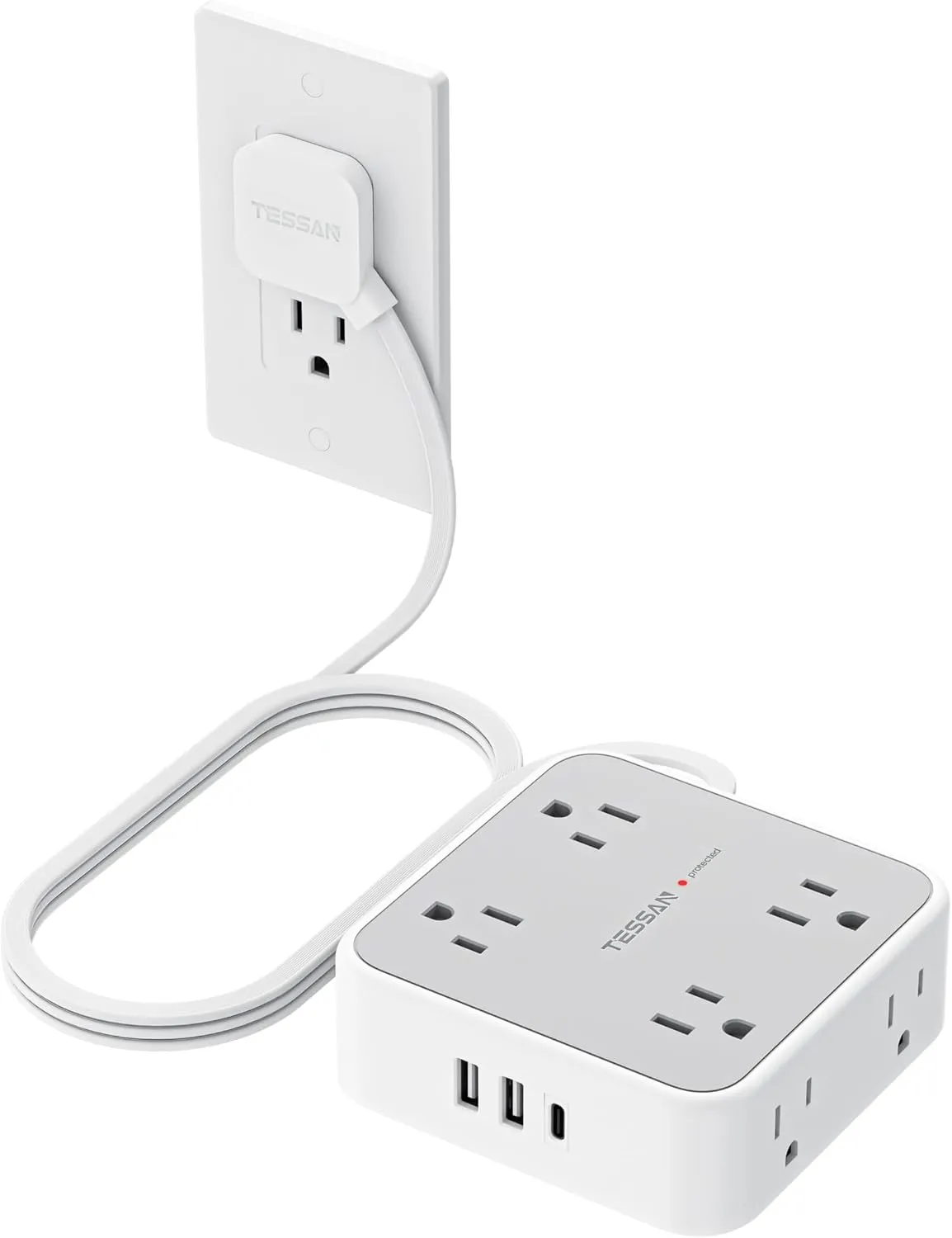 TESSAN Surge Protector Power Strip with 900J Surge Protection, 5 Ft, Grey | 8 AC with 3 USB Ports (1 USB C 20W PD), Flat Plug Extension Cord