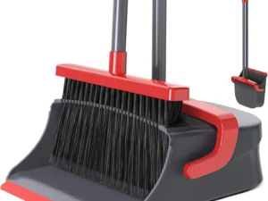Broom with Dustpan Set for Pet Hair & Dust Cleanup, Red & Gray