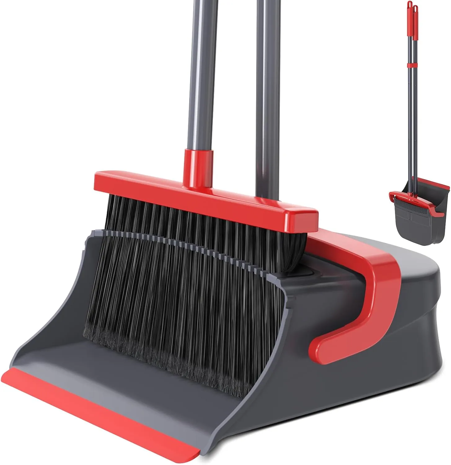 Broom with Dustpan Set for Pet Hair & Dust Cleanup, Red & Gray