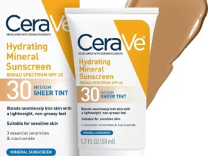 CeraVe Tinted Sunscreen for Face, Mineral SPF 30 Moisturizer, Medium, 1.7oz