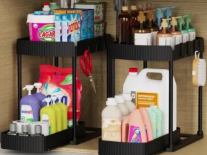 2 Packs Under Sink Pull-Out Storage Organizers, 12.8 Inches, Black