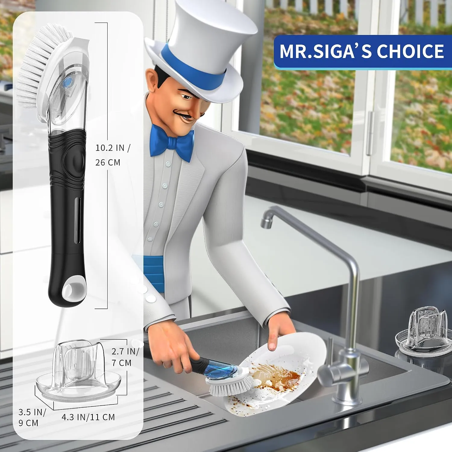 MR.SIGA Soap Dispensing Dish Brush Storage Set, Kitchen Brush with Holder - Image 3