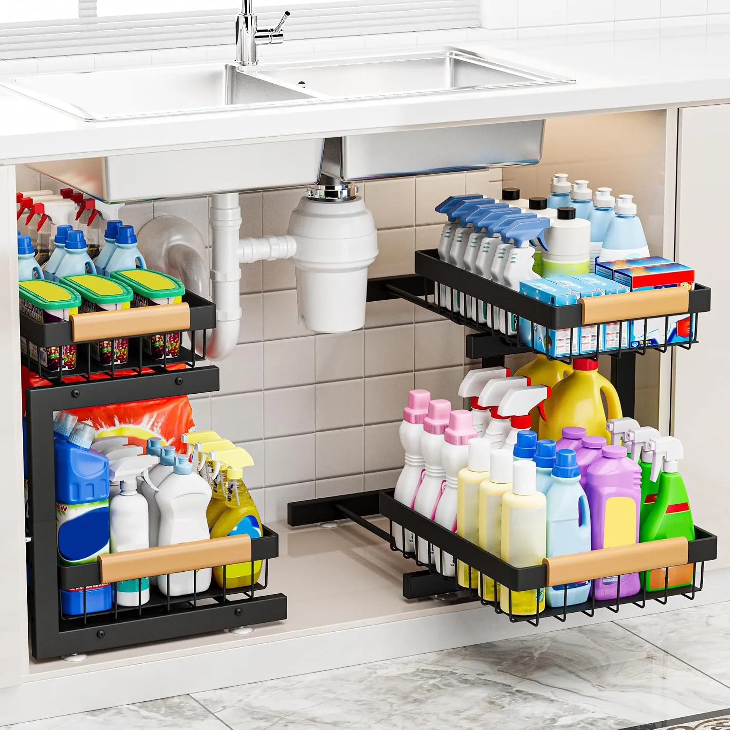 Tier Pull out Cabinet Organizer Baskets with Mesh Sliding Drawers,