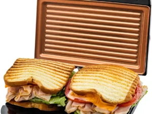 OVENTE Electric Panini Press Grill, 750W Nonstick Plates, Copper GP0110CO LED Indicator Lights