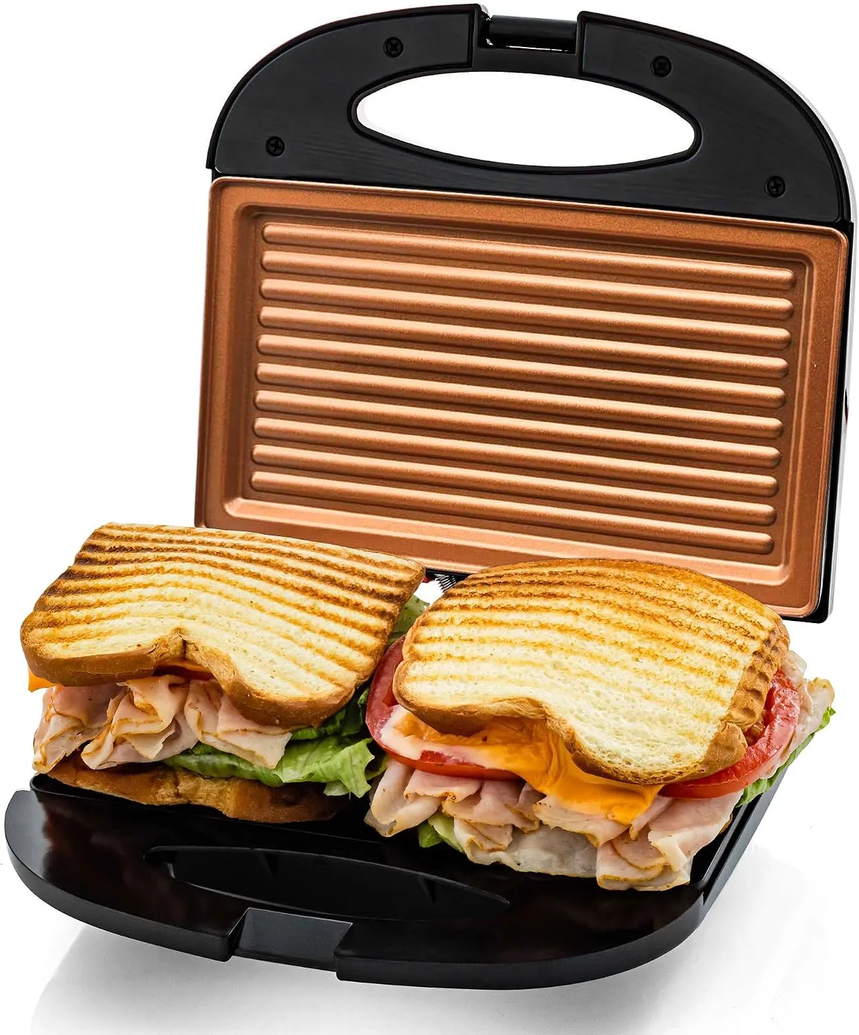 OVENTE Electric Panini Press Grill, 750W Nonstick Plates, Copper GP0110CO LED Indicator Lights