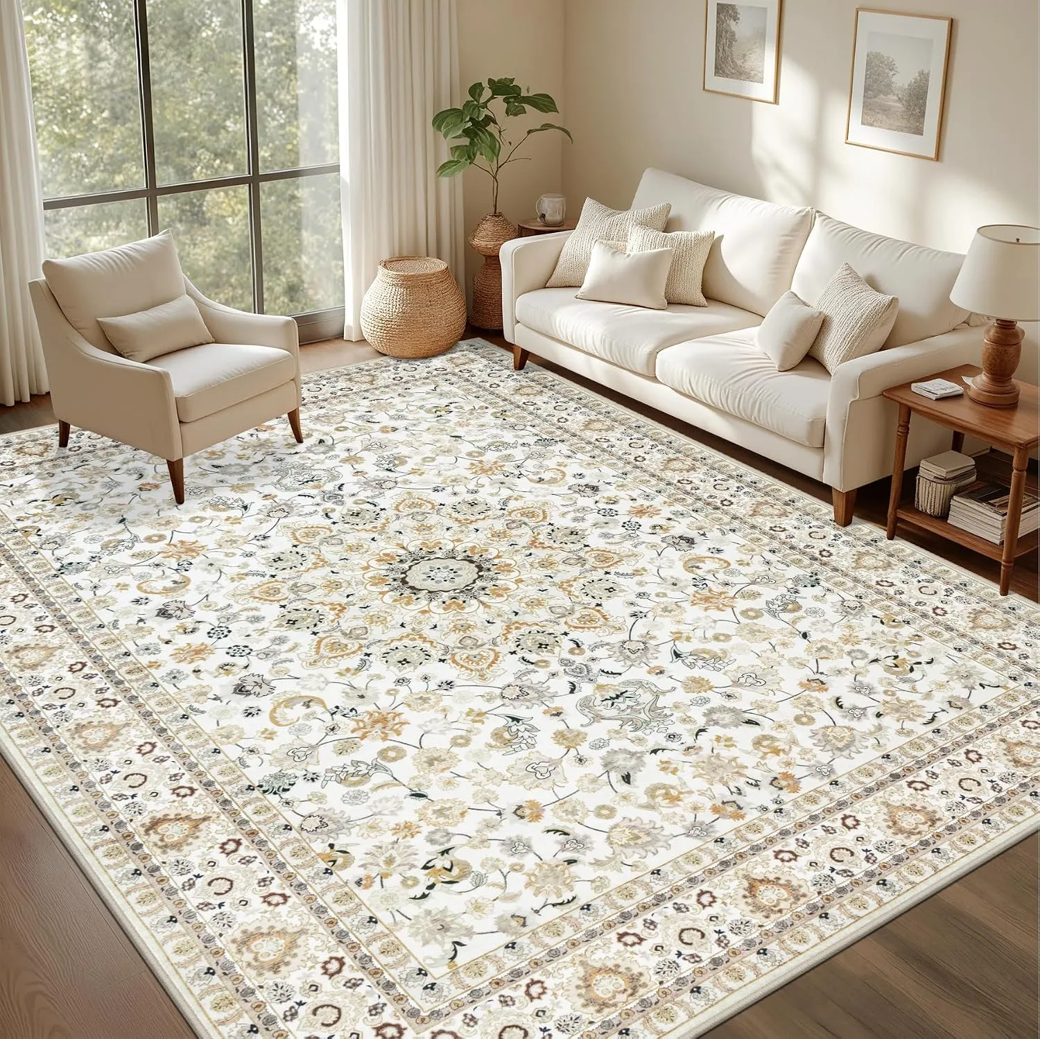 Washable Vintage Rug for Bedroom Beige - Image 3