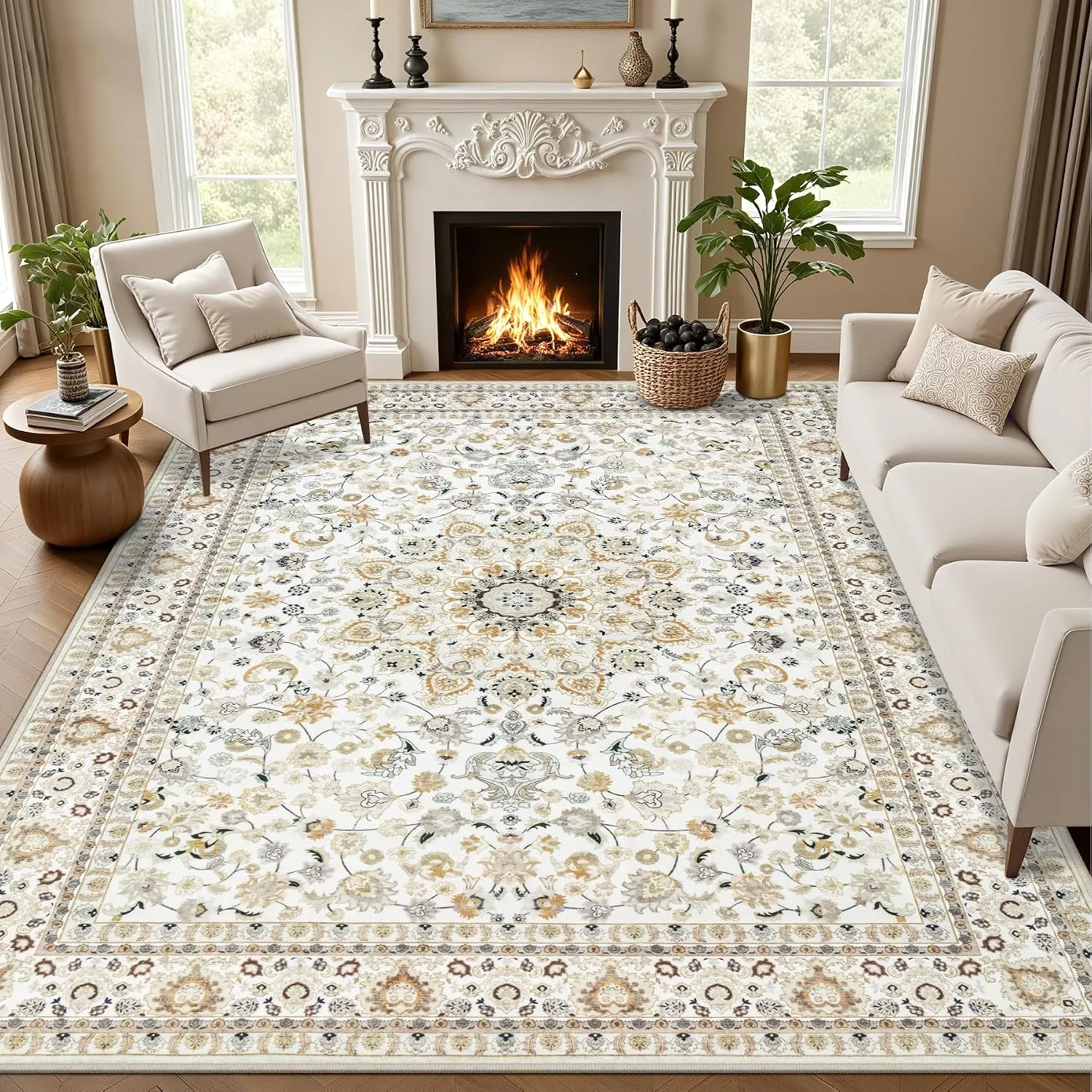 Washable Vintage Rug for Bedroom Beige