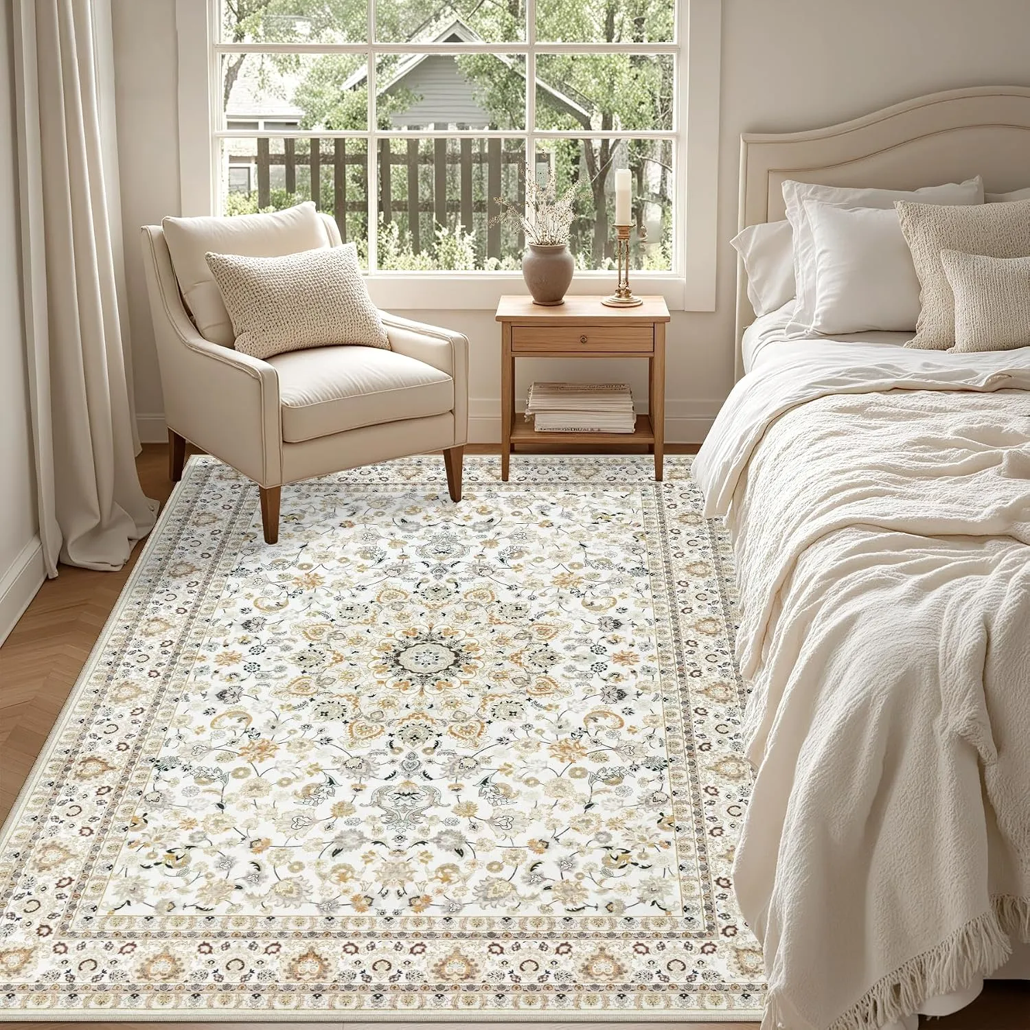Washable Vintage Rug for Bedroom Beige - Image 4